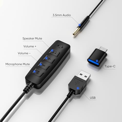 USB Headset with Noise-Canceling Microphone, USB-C/USB-A/3.5mm for PC Mac | 290° Rotating Noise-Canceling Mic, Dual Mute Controls, Lightweight Comfort, and 3-Way Connectivity for Clear Calls