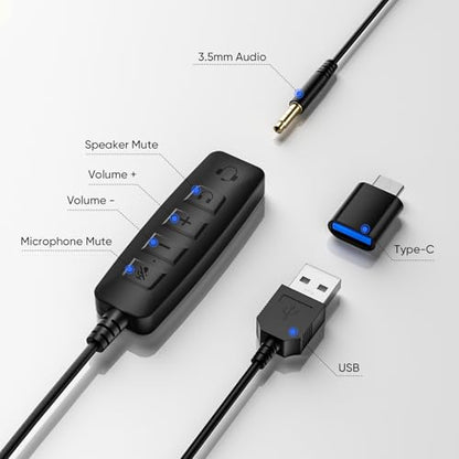 USB Headset with Noise-Canceling Microphone, USB-C/USB-A/3.5mm for PC Mac | 290° Rotating Noise-Canceling Mic, Dual Mute Controls, Lightweight Comfort, and 3-Way Connectivity for Clear Calls