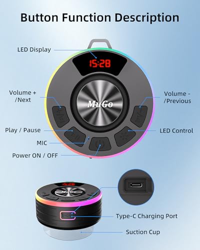 MuGo Shower Bluetooth Speaker Waterproof IPX7, 360° HD Stereo Sound Bathroom Speaker Bluetooth 5.3 with RGB Lights, Suction Cup and Microphone, Mini Shower Radio for Home/Party/Outdoor - color: Orange