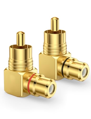 90° RCA Adapter Right Angle RCA Connector 2-Pack | Pure Copper, 24K Gold Plated RCA Male to Female Adapter for Wall-Mount TVs, Home Theater Systems, Subwoofers & Amplifiers - color: Gold - 2 Pack