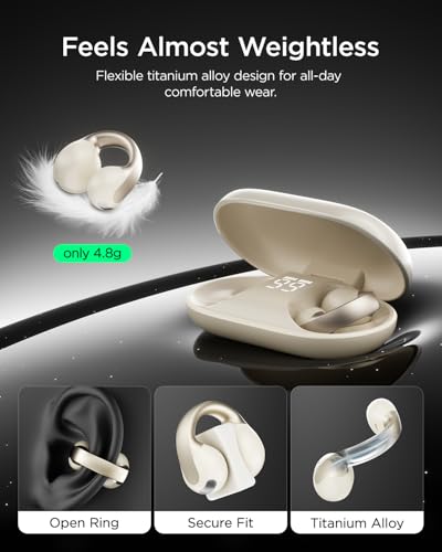 TALIX Open Ear Clip-On Wireless Bluetooth 6.0 Earbuds X7, White | Ultra-Light 4.8g, LED Battery Display, Clear Sound, Bluetooth 6.0, Dual-Device Switching, IPX4 Sweatproof, Touch Control - color: White