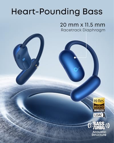 Soundcore AeroFit 2 by Anker Open Ear Earbuds, Open Ear Headphones, Earbuds | Real-Time Translation, 4 Adjustable Positions, 42H Playtime, Rich Bass, Hi-Res, IP55, AI Clear Calls, Wireless Charging - color: Abyss Blue, style: Standard