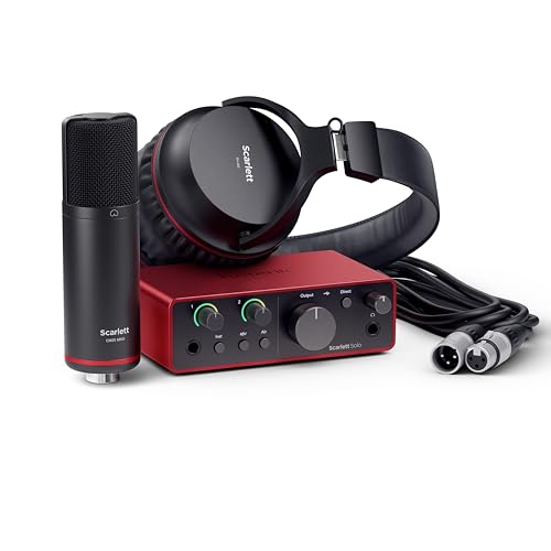 Focusrite Scarlett Solo Studio 4th Gen USB Audio Interface Bundle for the Songwriter, Guitarist or Vocalist with Condenser Microphone and Headphones for Recording, Songwriting, and Podcasting | 1 XLR Mic Preamp, 1 Hi-Z Instrument Input, 24-Bit/192kHz, 120