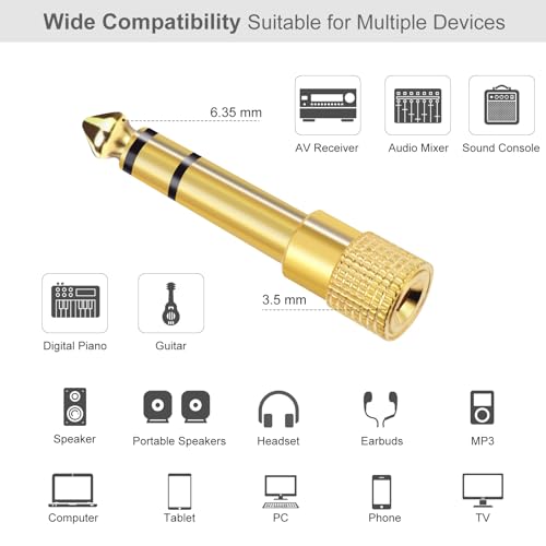 Aqdocvf 5-Pack 3.5mm to 1/4" Adapter, Gold Plated Headphone Jack Adapters | 1/4" to 3.5mm Adapter, Stereo Audio Headphone Adapters for Aux Cable, Headphones, Piano, Drums, Guitar Amplifier - color: gold-plated