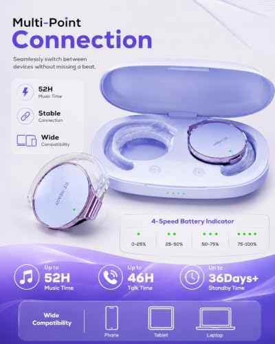 On Ear Headphones Bluetooth 5.4, Noise Cancelling Open Ear Headphones Wireless, Water-Drop Shaped Clip On Sport Headset Bluetooth with 4 Microphone, Comfort Fit Earphones with Long Battery Life - color: Light-Lavender