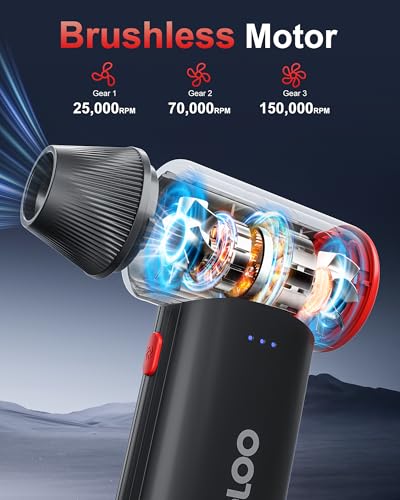 GOOLOO F3 Compressed Air Duster, 150000RPM Ultra-Power PC Air Duster | 3-Gear Electric Air Blower, Alternative to Canned Air, Mini Blower with 4-Hr Max Runtime for Keyboard, Car, House, Outdoor - color: Black