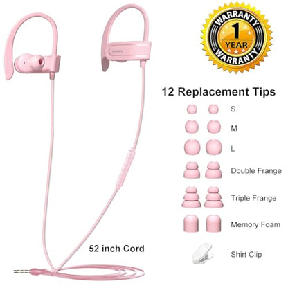 Joysico Wired Over Ear Earbuds Headphones with Mic and Volume Control Pink | Wrap Around Ear Hook Secure Fit, Earphone Case, Sport Running Exercise Gym Workout Sweatproof, For Cellphones Laptops Tablets