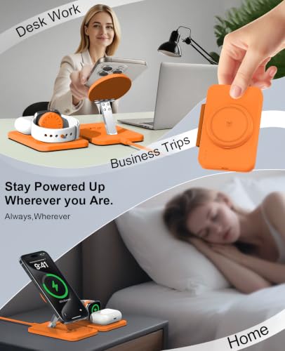 3 in 1 Magnetic Wireless Charger for Apple Multiple Devices, Foldable Fast Charging Station - Magsafe Charger Stand, Travel Charger Pad for iPhone 17 16 15 14 13 12 Series/Apple Watch/AirPods Orange | Magsafe Charger Stand for Multiple Devices, Travel Cha