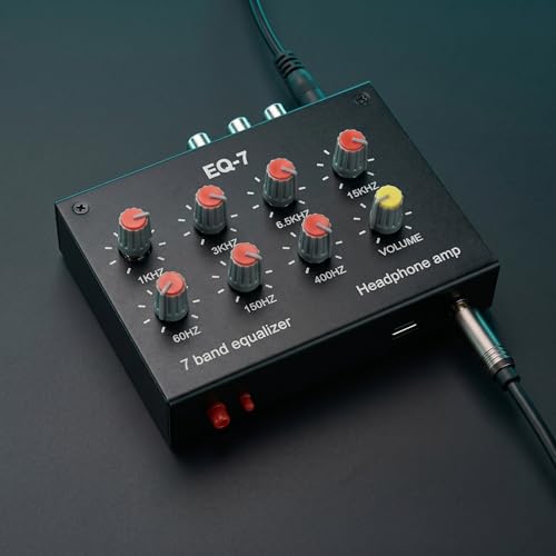 EQ-7 Mini 7 Band Equalizer and Headphone Amp, RCA 3.5mm Input | TL074 and NE5532 chips, level knobs, 16 to 600 ohm drive, for home audio, speaker, and gaming setups.