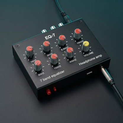 EQ-7 Mini 7 Band Equalizer and Headphone Amp, RCA 3.5mm Input | TL074 and NE5532 chips, level knobs, 16 to 600 ohm drive, for home audio, speaker, and gaming setups.