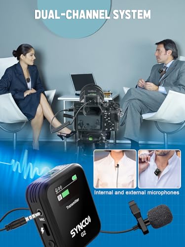 SYNCO Wireless Lavalier Microphone G2(A2), 2.4G Dual Channel Lapel Microphone for Vlogging, Streaming, YouTube, DSLR, Smartphone, Tablet - Compact, Long Battery Life