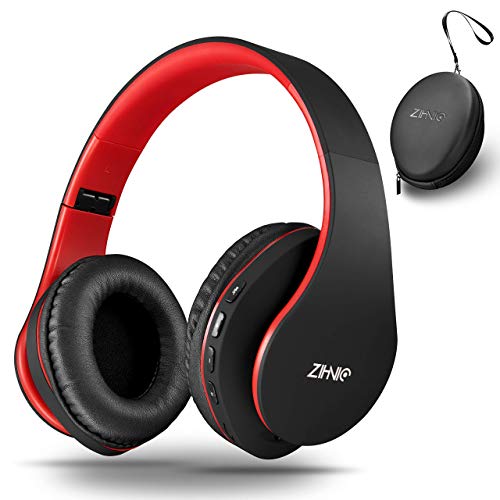 ZIHNIC Bluetooth Headphones Over-Ear, Foldable Wireless and Wired Stereo Headset Micro SD/TF, FM for Cell Phone,PC,Soft Earmuffs &Light Weight for Prolonged Wearing (Black/red) - color: Red