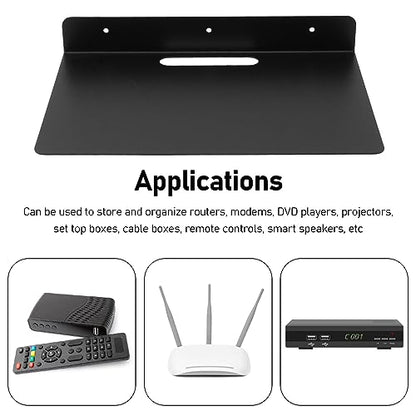 Wall Mounted AV Shelf, Black Metal Media Rack for Projector, Router, or Set Top Box, with Installation Hardware, Flat Panel Design for Living Room or Office