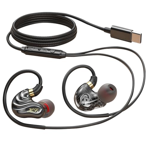 Dual Driver USB C Headphones in Ear Buds Wired Earphones with Mic | Extra bass earbuds, wrap around over ear, hifi, microphone, hook, sport, running, aux, braided cable, noise isolation, cord
