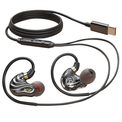 Dual Driver USB C Headphones in Ear Buds Wired Earphones with Mic | Extra bass earbuds, wrap around over ear, hifi, microphone, hook, sport, running, aux, braided cable, noise isolation, cord