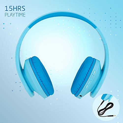 PowerLocus Kids Headphones Over-Ear, Bluetooth Wireless Headphones for Kids,with Microphone, Safe 85DB Volume Limited, Foldable with Carry Case, Audio Cable, Micro SD mode for Online Classes,PC,Phones - color: Blue