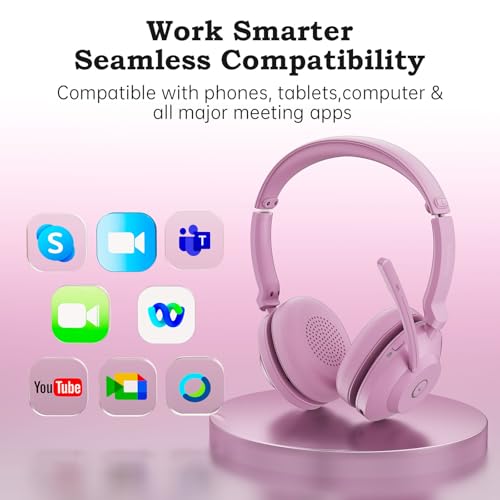 Bluetooth Wireless Headset with Mic for Work, Advanced Noise Reduction Microphone, Clear Calls - Comfortable On-Ear Headphones, Bluetooth 5.3, Applicable to Laptop, PC, Zoom, Office(Pink) - color: Pink