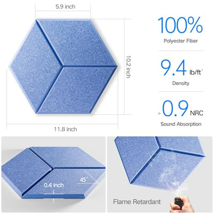 12 Pack Self-Adhesive Acoustic Panels 12" X 10" X 0.4" - Sound Proof Foam Panels with High Density, Y-Lined Design, Flame Resistant, Absorb Noise and Eliminate Echoes(Steel Blue) - color: Steel Blue, size: Y-Cut Hexagon 12 Pack