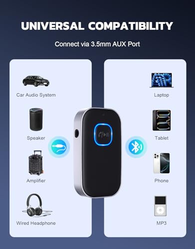 COMSOON Bluetooth Receiver for Car, 3.5mm AUX Bluetooth Car Adapter | Noise Cancelling, Wireless Audio Receiver for Home Stereo/Wired Headphones, Hands-Free Call, 16H Battery Life, Black+Silver - color: Black+Silver