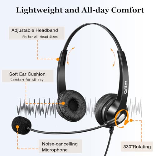 Callez RJ9 Yealink Phone Headset with Microphone Noise Cancelling | Office Telephone Headset Works with Yealink T20P T21P T26P T23G T46S T48S T53W T54W Avaya 1608 9608 9611 Grandstream Phones