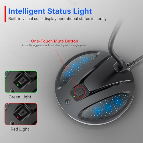 Plug & Play USB Computer Microphone, Flexible Gooseneck Desk Microphone for Podcasting, Streaming, Conference, Noise Canceling Microphone with Mute Button LED for PC/Mac