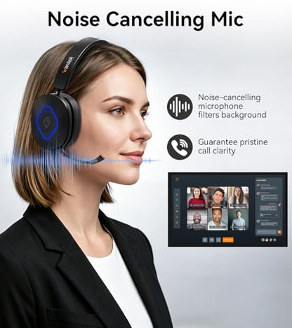 Wantek Wireless Headset with Mic,Bluetooth Computer Headset with USB Dongle | Noise cancelling mic, mute button and volume controls for clear calls on Zoom, Microsoft Teams, meetings and home office work - color: Dark black