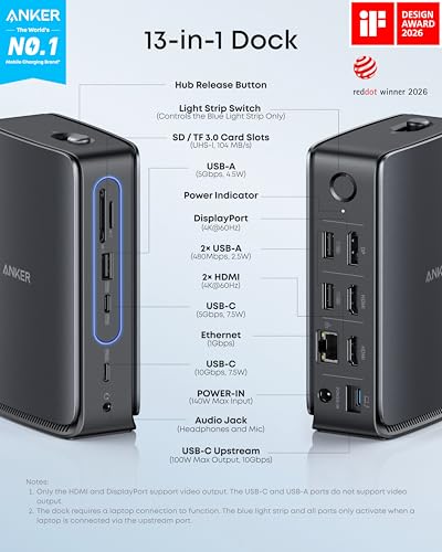 Anker Nano Laptop Docking Station, 13in1 Dock with Detachable 6in1 USBC Hub | 3 Display USB C Dock (2 HDMI+1 DP), 10 Gbps USBC, 3 USBA, Audio, SD/TF, Ethernet, 100W Max PD for Dell/Lenovo/HP Home Office
