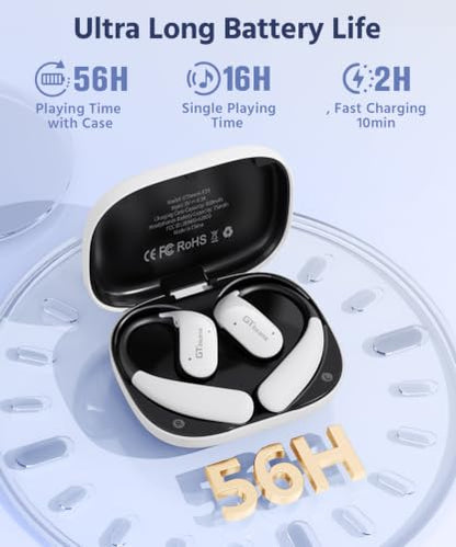 Open Ear Earbuds, Soft Earhook, 56H Playtime, Bluetooth 6.0, Bass - color: White
