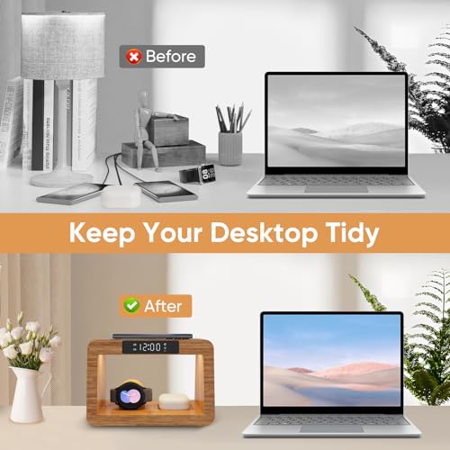 Bamboo Wireless Charging Station, 5 in 1 Charging Station with Light & Alarm Clock for Samsung & Android Phone, Wireless Phone Charger Station Only for Samsung Watch