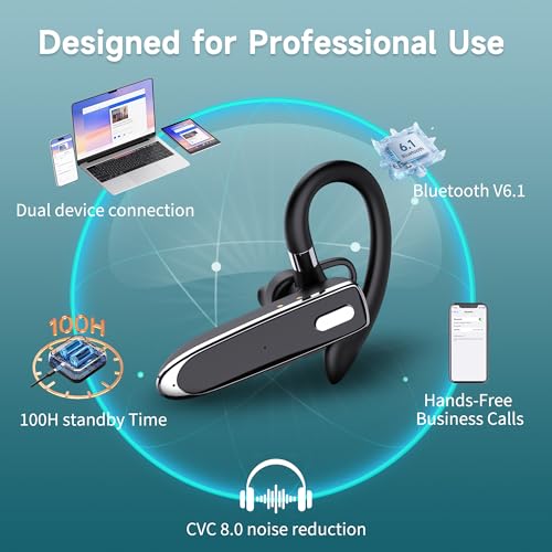 Bluetooth Headset V6.1, Wireless Bluetooth Earpiece with Mic, CVC8.0 Noise Cancelling Business Headset, 100H Playtime, LED Display, Dual Device Pairing, Mute Button for Office, Driving, Trucker