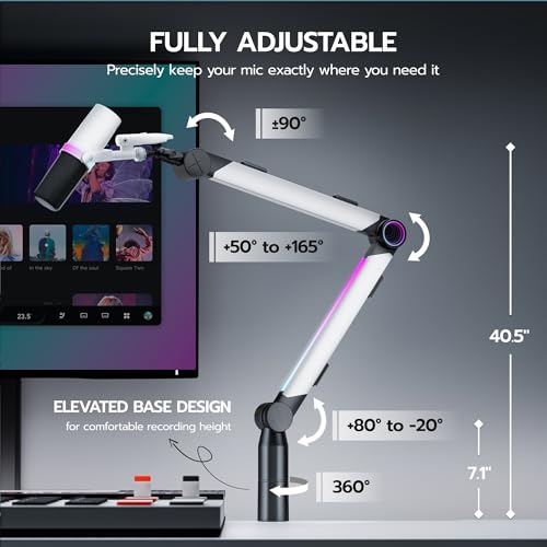 ARES WING Aluminum Microphone Boom Arm with RGB Light and Volume Control | Adjustable Mic Arm Desk Mount with 3/8” to 5/8” Screw Adapter, Suspension Scissor Mic Stand for Gaming Streaming Podcasting