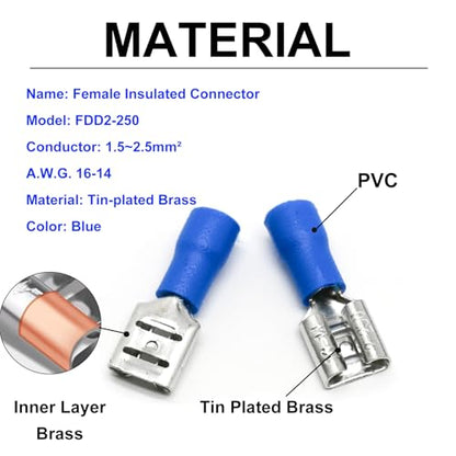 200pcs Female Spade Connectors 1/4" 6.3mm Vinyl Insulated Quick Disconnect Terminals, 16-14 AWG Tin-Plated Brass Crimp Connectors-Blue
