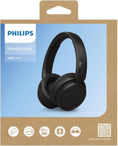 Philips H5209 Wireless Headphones,Over-Ear Bluetooth Headphones with Dynamic Bass,Clear Call, 65 H Battery Life,Fast Charging,Soft Ear Cups, Bluetooth 5.3, App Control, Lightweight,Black - style: H5209 Over-ear Headphone
