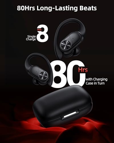 PocBuds Bluetooth Headphones Wireless Earbuds 80hrs Playtime Wireless Charging Case Digital Display Sports Ear Buds with Earhook Deep Bass IPX7 Waterproof Over-Ear Earphones for TV Phone Laptop Black - color: Black, style: Game Buds Pro
