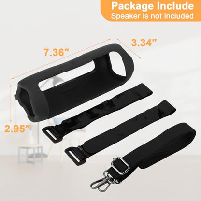 Silicone Case Compatible with JBL Flip 7 Speaker, Shockproof Protective Cover Soft Skin Silicone Cover with Shoulder Strap and Hook and Loop Straps for Bike Golf Cart Rail Mounting (Black) - color: Black