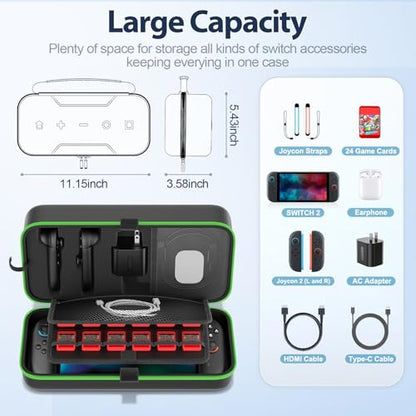 OIVO Carrying Case Compatible with 2025 Nintendo Switch, Portable Switch 2 Travel Carry Case Fit for Joy-Con 2 & Adapter, Hard Shell Protective Pouch Bag with 24 Game Slots, Green - color: Green