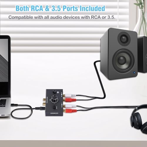 RCA 3.5mm Port 1 in 2 Out / 2 in 1 Out Bi-Directional Audio Switcher, 2-Way Stereo L/R Sound Channel Speaker Headphone Audio Switch Selector Splitter Box