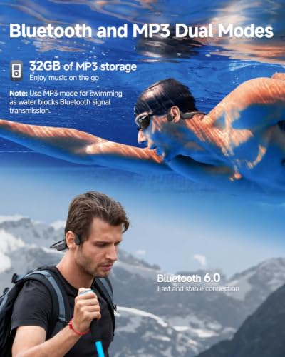 PSIER Bone Conduction Headphones, IPX8 Waterproof Swimming Headphones | Open Ear Earbuds with 32GB Memory, Switch to MP3 Mode Underwater, AI Music Generation, 8H Playtime Bluetooth 6.0 for Running - color: Matte Black