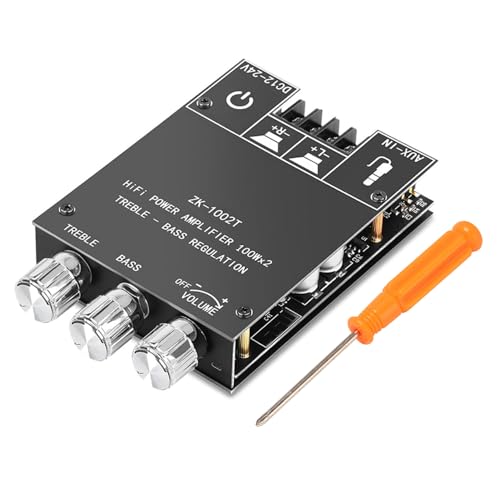 ZK-1002T Bluetooth Audio Amplifier Board,100W×2Power Amplifier,DC12-24V Bluetooth Audio Power Amplifier Board, Board with Treble and Bass Control,Supports AUX/Bluetooth - size: ZK-1002T