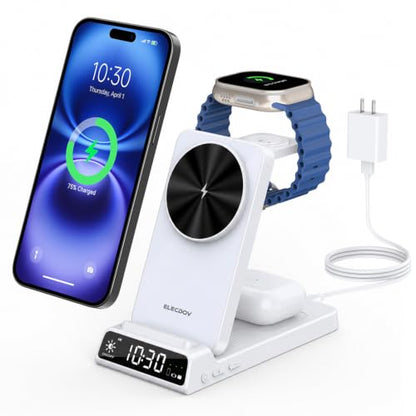 3 in 1 Charging Station for Apple, Travel Wireless Charger with Clock | ELECDOV Magnetic Charger for iPhone, Foldable Watch Charger Stand for iPhone 17/Air/16/15 Series, iWatch 10/AirPods 4 (White) - color: white