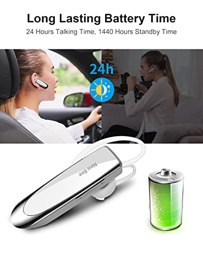 New Bee Bluetooth Earpiece V5.0 Wireless Handsfree Headset with Microphone 24 Hrs Driving Headset 60 Days Standby Time for iPhone Android Samsung Laptop Trucker Driver (White) - color: White