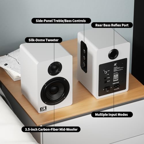 H2 Bookshelf Speakers, 60W Stereo, Record Player/Computers Speakers, DSP, Carbon-Fiber Woofer, Silk Tweeter, Optical/USB-C/AUX, Bluetooth 5.3, White - color: White