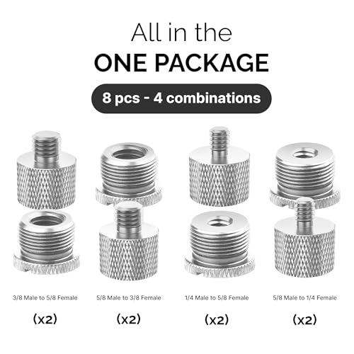 Mic Stand Adapter Set 8 pieces Metal Microphone Stand Screw Thread Adapter 5/8 Female to 3/8 Male 3/8 Female to 5/8 Male 5/8 Female to 1/4 Male 1/4 Female to 5/8 Male Tripod Adapter ADP01A Slvr - color: Silver