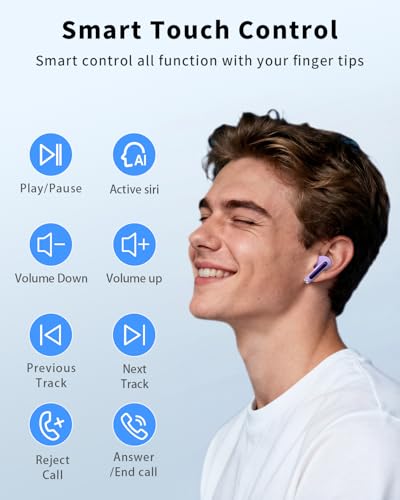 Wireless Earbuds, Bluetooth 5.4 Ear Buds Bass Stereo, Headphones with Noise Cancelling Mic, LED Display in Ear Earphones Clear Calls, IP7 Waterproof Bluetooth Earbuds for Phone/Android/iPad, Purple - color: Purple