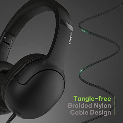 LORELEI E5 Wired Headphones for Kids Foldable & 3.5mm Jack Tangle Free Nylon Wire Stereo On Ear Headsets for Kids/Children/School/Tablet/Ipad/Kiddle/Plane (Space Black) - color: Black