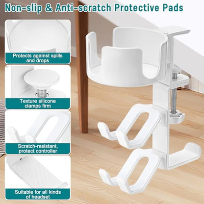 welltop 4 in 1 Controller Holder with Desk Cup Holder & Headphone Hanger, Rotatable Under Desk Clamp Controller Holder Dual Gamepad Headset Stand Gaming Desk Accessories for Xbox, PS4, PS5, PC, Switch