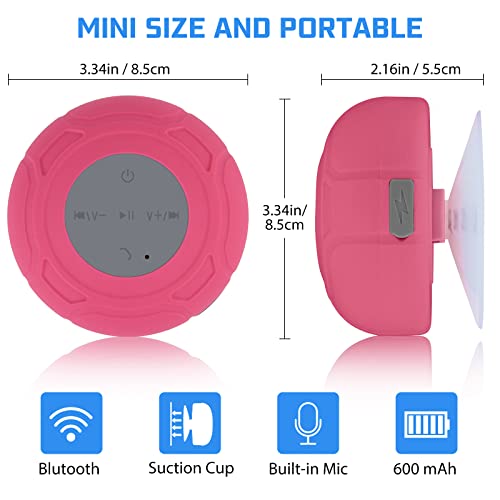 Waterproof Bluetooth Shower Speaker Portable Wireless Water-Resistant Speaker Suction Cup,Built-in Mic Gifts for Kids Speakerphone for iPhone Phone Tablet Bathroom Kitchen - Pink - color: Pink