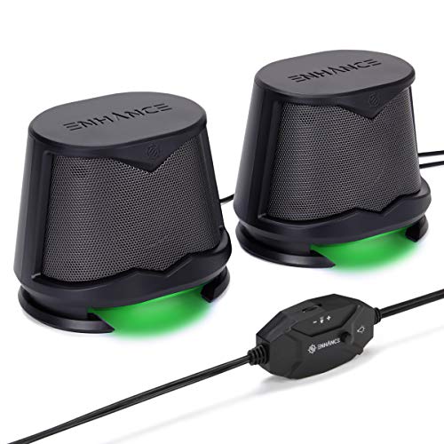 ENHANCE SB2 USB Computer Speakers, 2.0 Stereo with Green LED Lighting, 10W Peak High Excursion Drivers, 3.5 mm Aux, in Line Volume and Light Switch, PC Laptop Desktop - color: Green