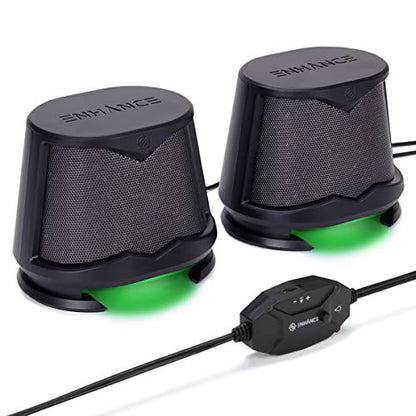 ENHANCE SB2 USB Computer Speakers, 2.0 Stereo with Green LED Lighting, 10W Peak High Excursion Drivers, 3.5 mm Aux, in Line Volume and Light Switch, PC Laptop Desktop - color: Green