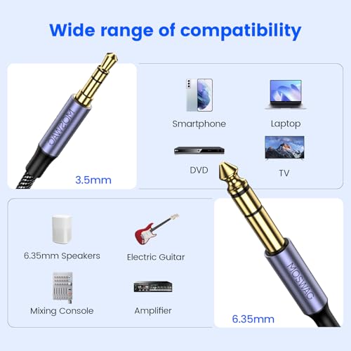 MOSWAG 3.5mm to 6.35mm Stereo Audio Cable 3FT, 1/4 to 1/8 TRS Adapter Cord | Nylon Braid & 24K Gold-Plated Guitar to Aux Cord, 1/4 to 1/8 TRS Bidirectional Stereo Cable for Guitar, Speakers, Amplifiers - size: 3.28FT/1Meter